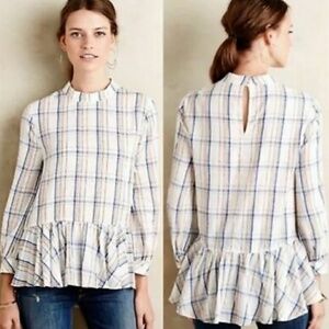 Anthropologie Maeve‎ Sava Swing Plaid Peplum Blouse Size 4P
